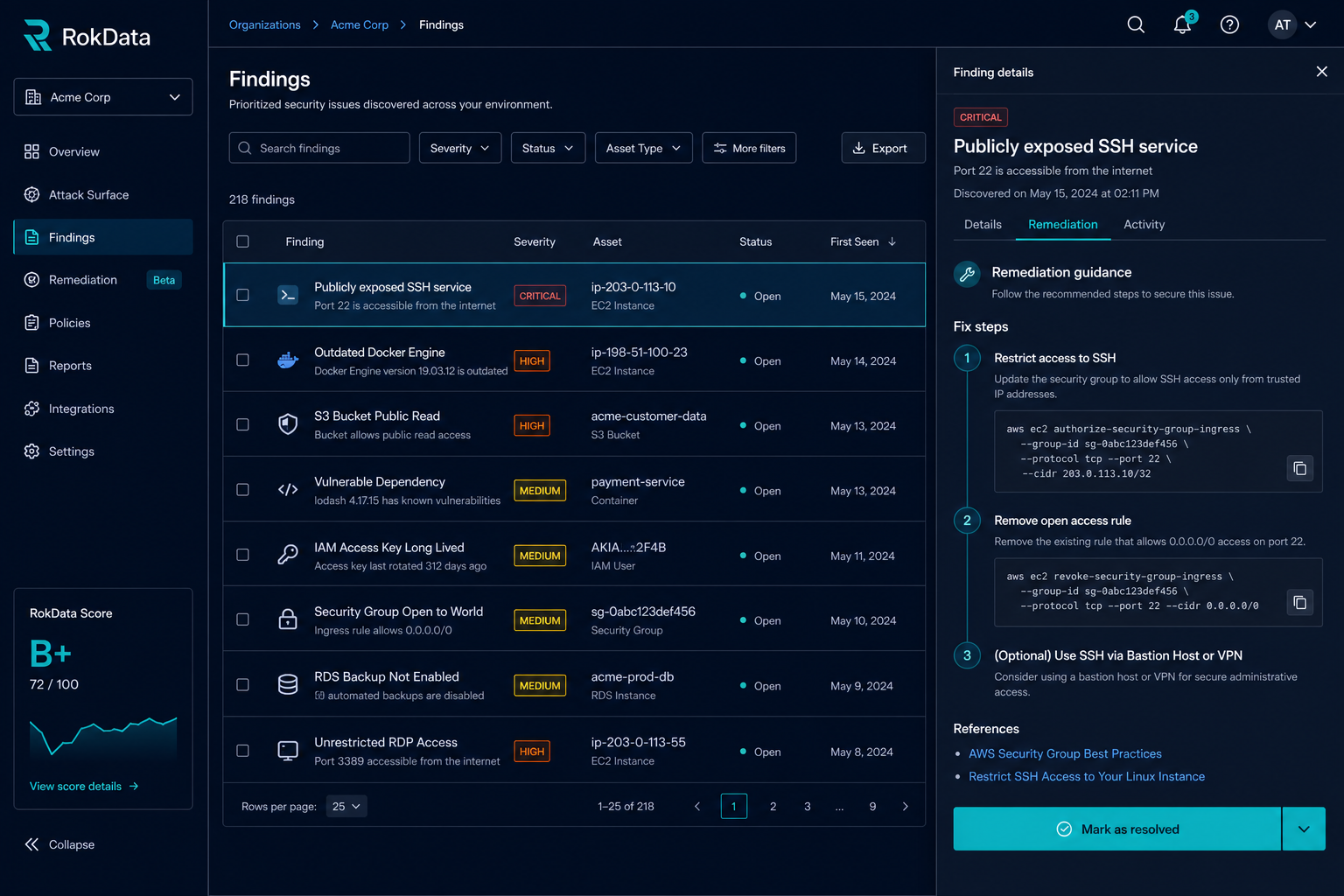 Remediation detail for a security finding