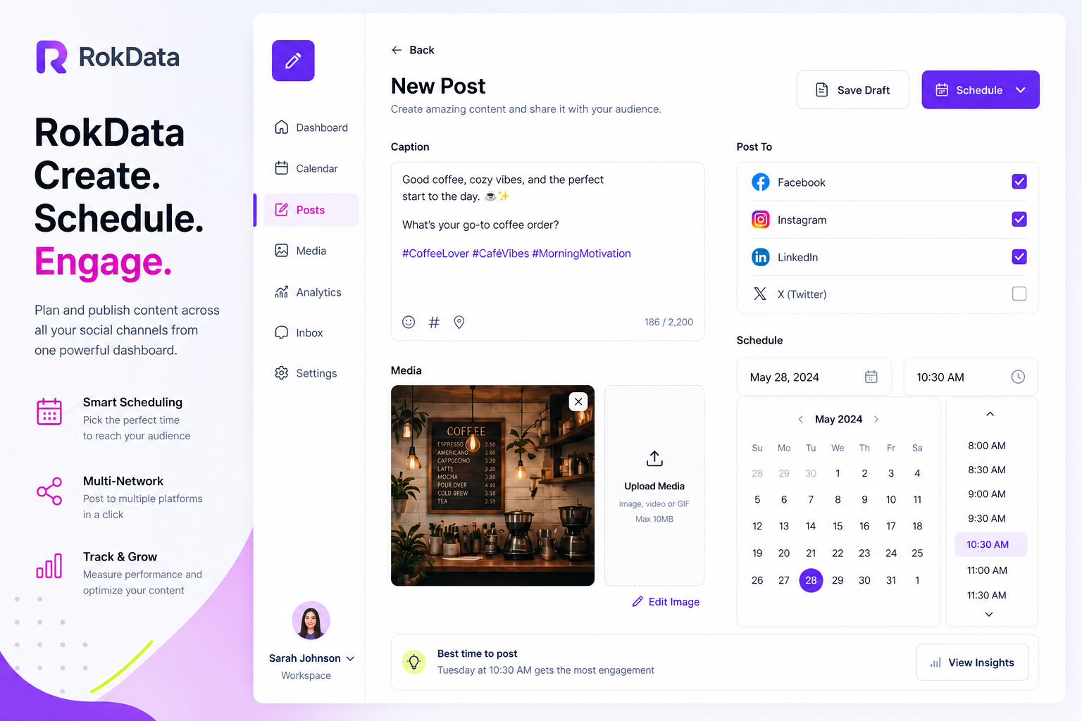 Compose panel with caption, media, and network selection